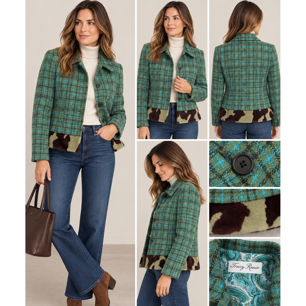 Tracy Reese Wool Plaid Jacket Cow Print Faux Fur Trim Silk Lining Green Teal M